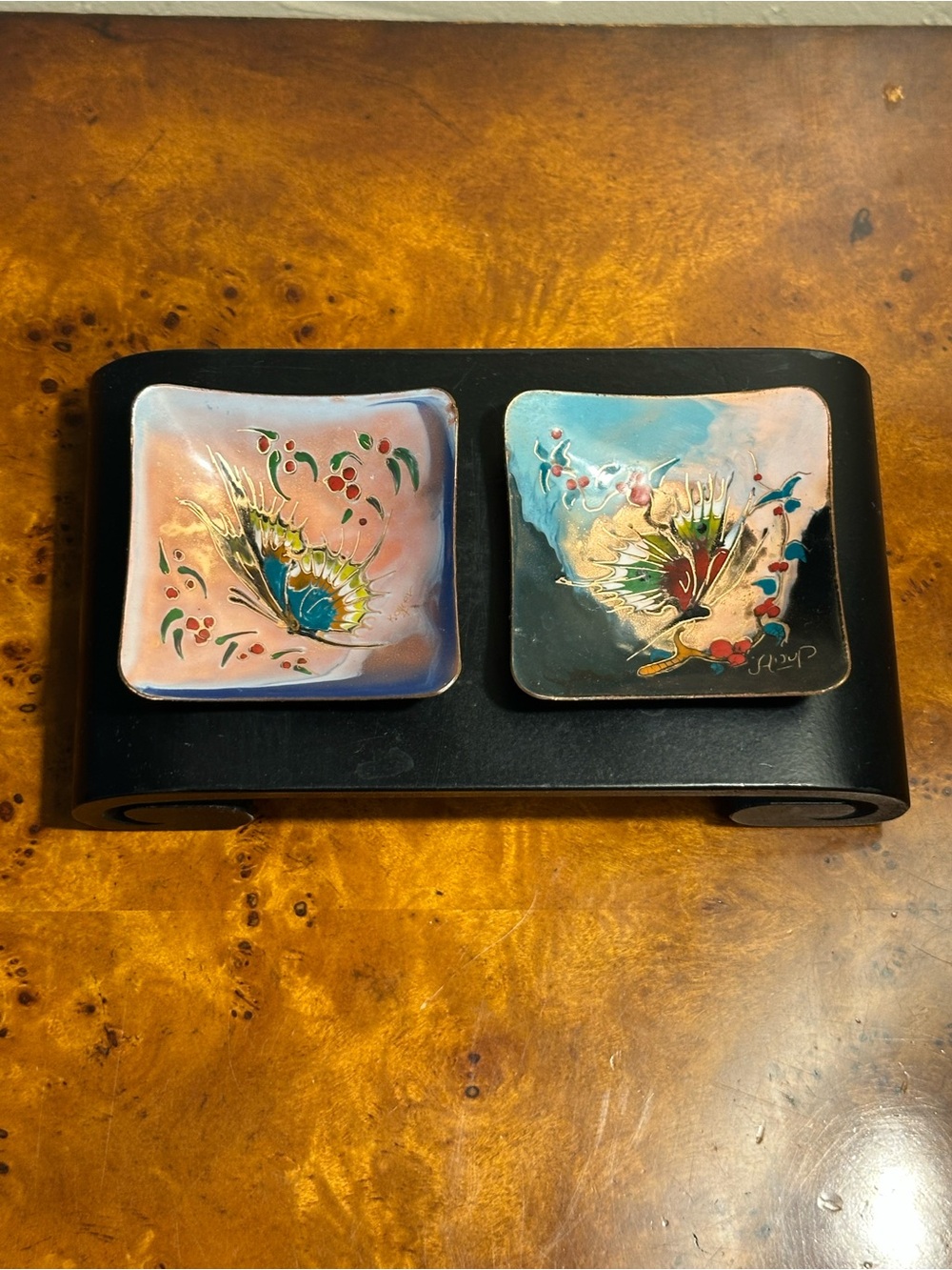 Two Hand-Painted Artist Signed Enamel On Copper Butterfly Trinket Dishes Holland